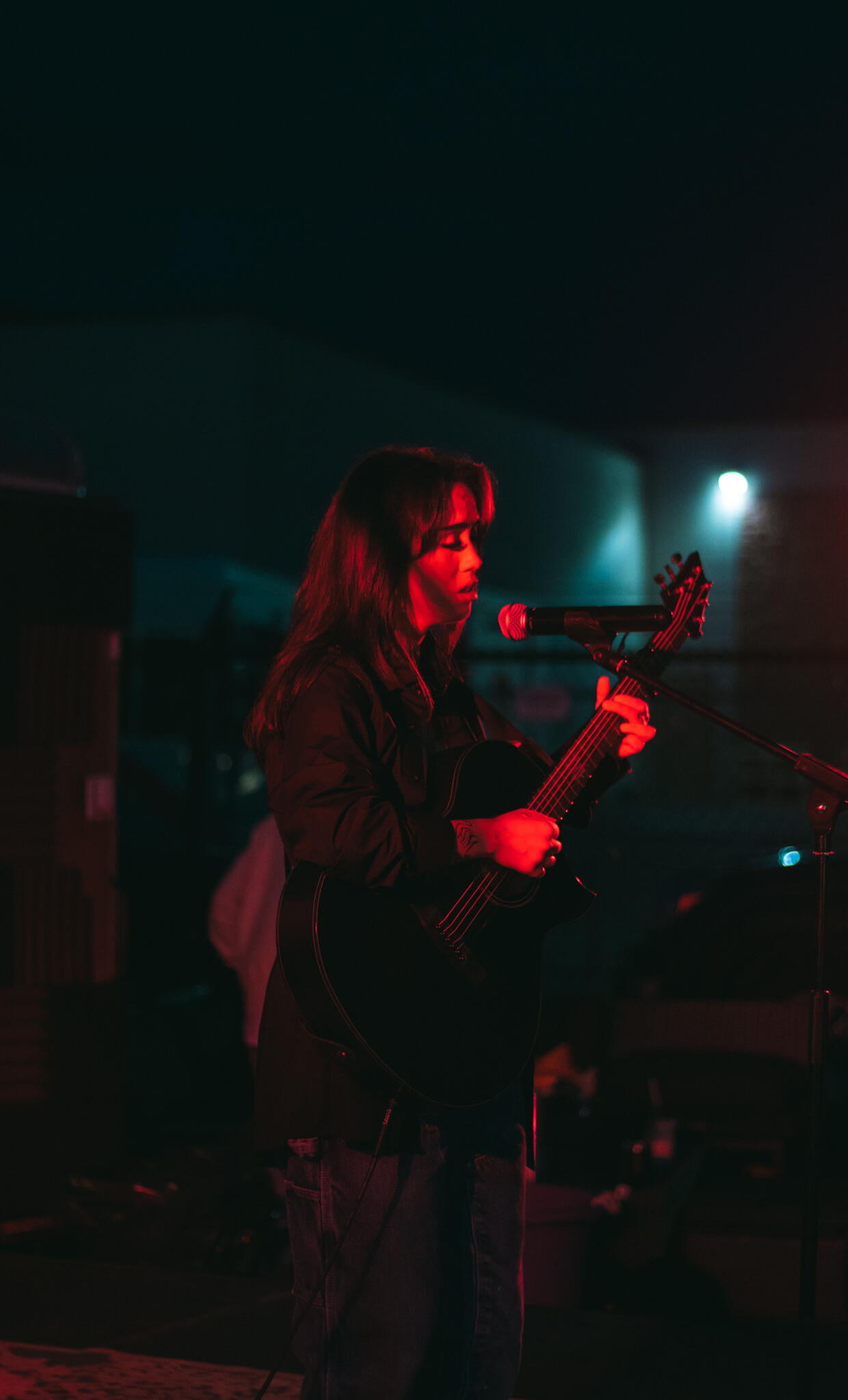 A woman with long hair, playing a guitar, showcasing her passion for music in a warm, inviting setting.
